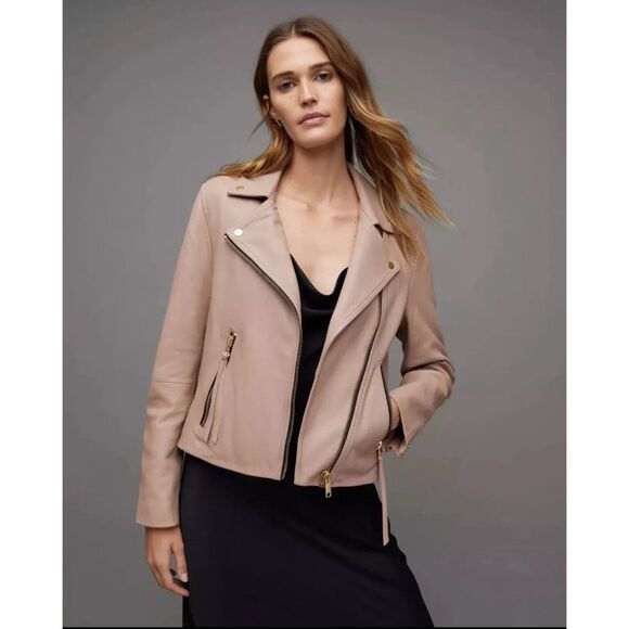 ALLSAINTS Dalby Pale Pink Leather Biker Jacket Women’s Size 6 US All Saints